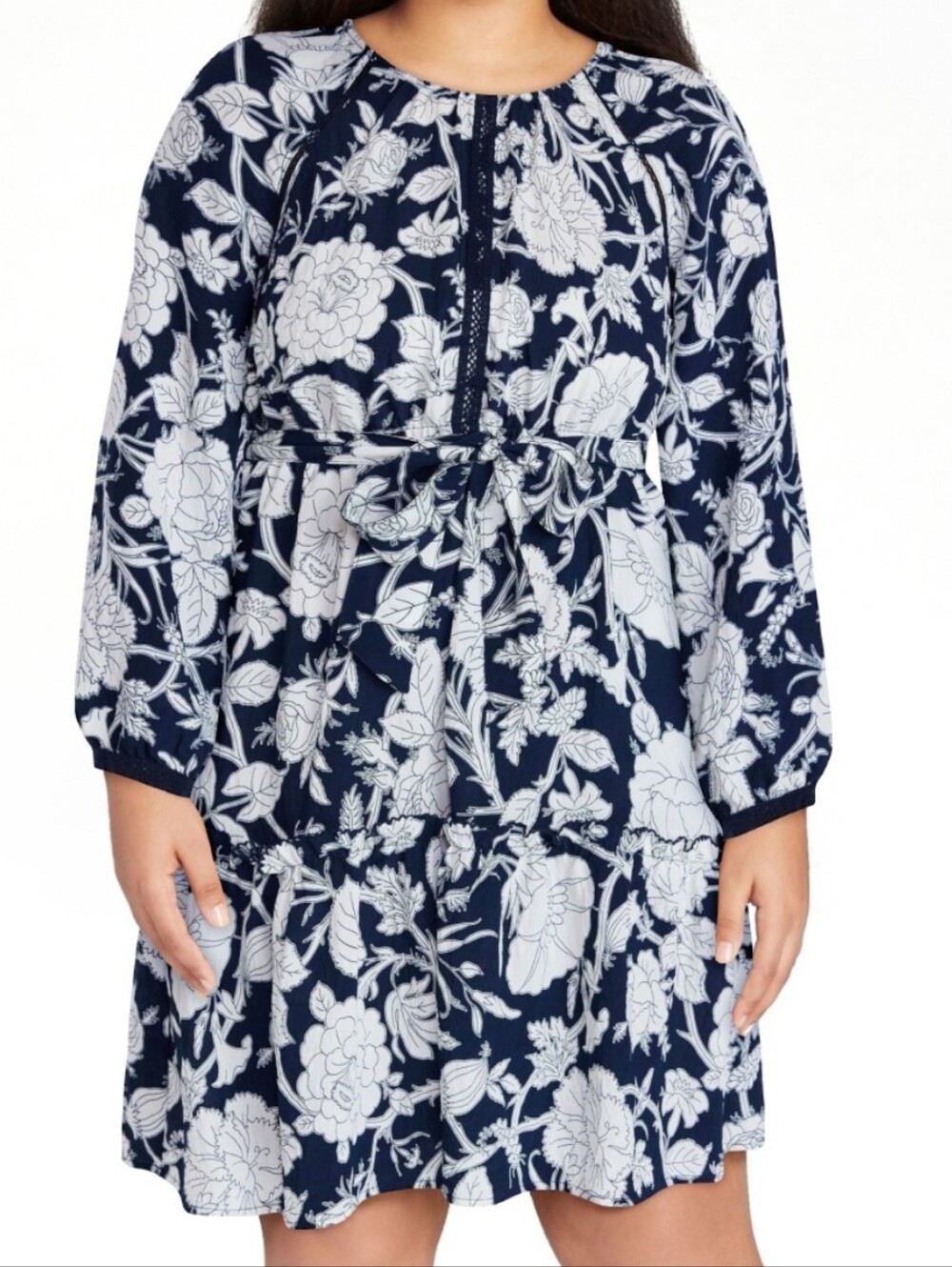 Time & Tru Mini Dress Women's XXXL 22 Blue White Printed Long Sleeve Tie Waist - Picture 3 of 13